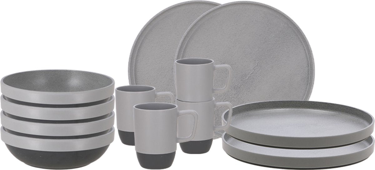 Travellife vita camping serviesset grijs 12-delig - keramiek look - stevig en krasbestendig melamine