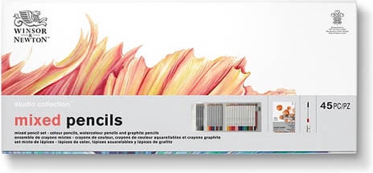 Winsor newton 2090001 studio collection mixed pencils set 45 stuks – waterverf, kleur- en grafietpotloden met penseel, puntenslijper en papierblok