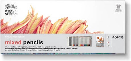Winsor newton 2090001 studio collection mixed pencils set 45 stuks – waterverf, kleur- en grafietpotloden met penseel, puntenslijper en papierblok