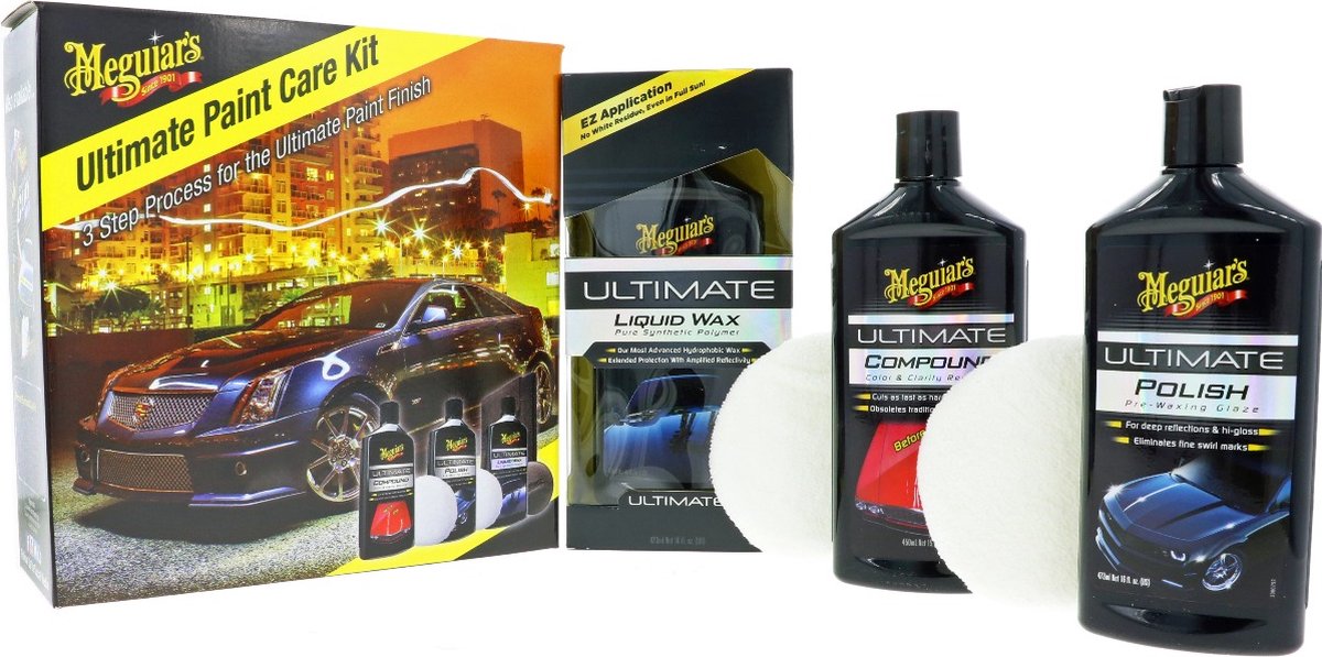 Meguiar's meguiar’s ultimate paint care kit – 3-stappen lakherstel set – inclusief compound, polish liquid wax – spiegelglans hydrofobische bescherming