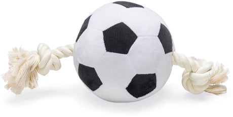 Beeztees voetbal met touw - hondenspeelgoed - pluche - zwart wit - 27x13x13cm