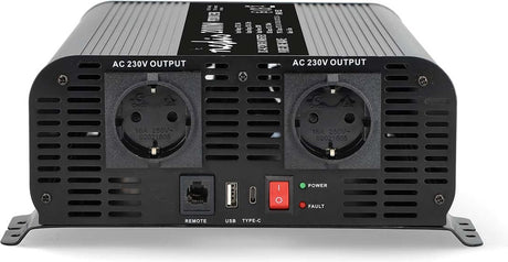 Nedis auto omvormer 2000w – 12v 230v – 2x stopcontact + usb-a usb-c – zuivere sinusgolf – schroefaansluiting – spanningsomvormer