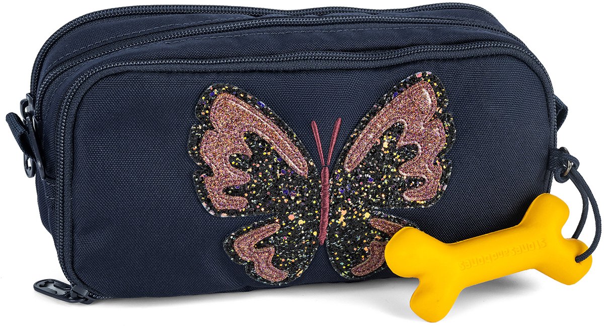 Stones and bones rowan 2.0 - etui - pennenzak voor kinderen - 3 vakken - glitter butterfly - donkerblauw