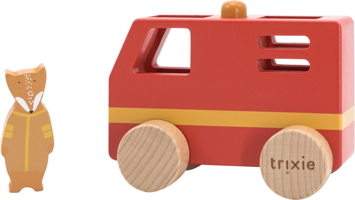 Trixie houten mini brandweerwagen - speelgoedvoertuig in duurzaam hout - leuk voor jongens en meisjes - met mr. fox
