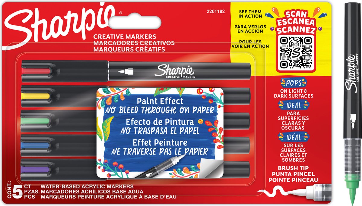Sharpie creative marker acrylverfmarkers | brushtip | verfmarkers op waterbasis | inkt loopt niet door en geschikt voor de meeste oppervlakken | diverse kleuren | 5 stuks