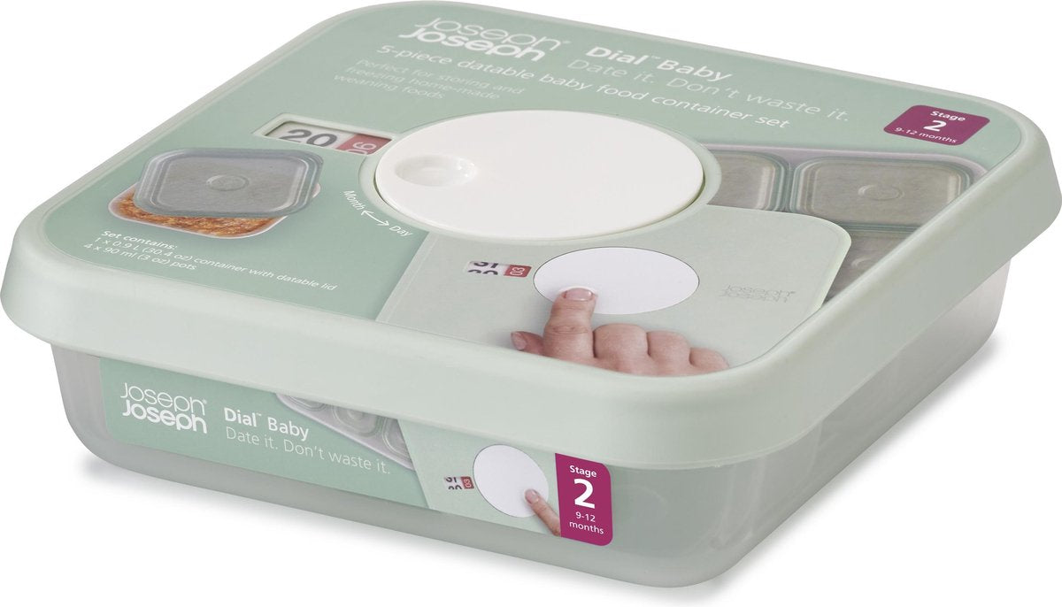 Joseph joseph dial baby vershouddoos - 9 tot 12 maanden - datumaanduiding - set van 5 stuks - mint