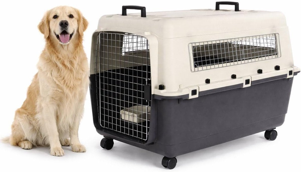 Flamingo reisbench hond – autobench – transportbox hond – fomad donkergrijs xl (60x90x68,5 cm) – kunststof – met metalen deur veiligheidsslot – inclusief eet- en drinkpot wielen –