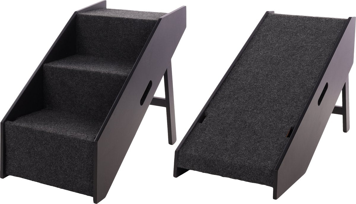 Flamingo hondenloopplank trapje pino zwart – 2-in-1 opvouwbare instaphulp – 62x36x51 cm – tot 40 kg – hondentrap mdf
