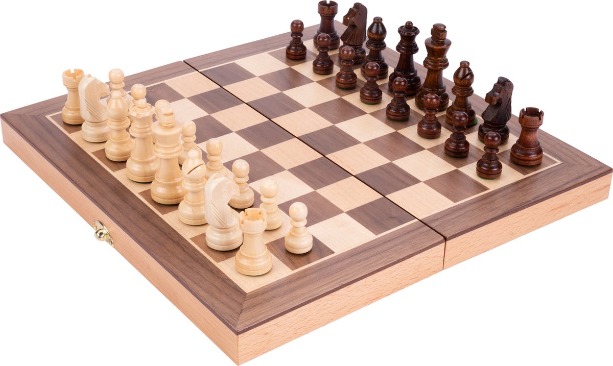 Engelhart schaakspel beukenhout met walnoot fineer – opklapbaar houten schaakbord 30x30 cm – luxe ingelegd speelveld – reis thuis editie –