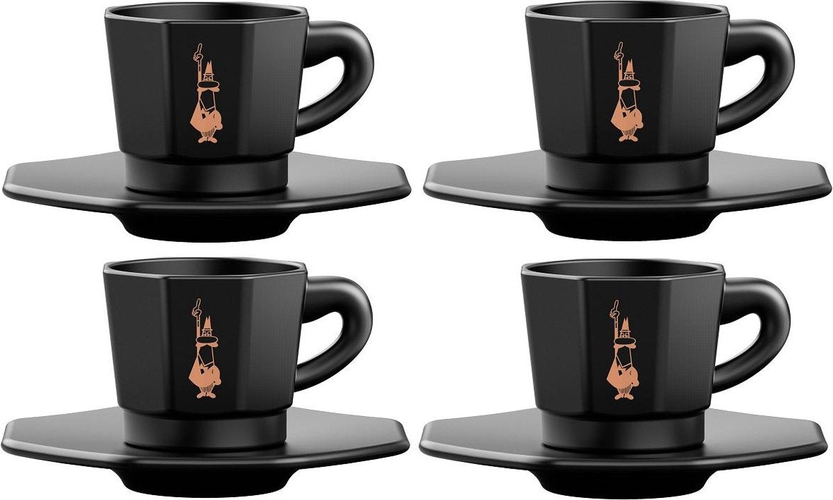 Bialetti octagonal espresso kopjes set – 4 kopjes met schotels – 75 ml – mat zwart porselein met goudkleurige details