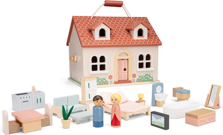 Woet ® houten draagbaar poppenhuis - compleet met 18 meubels en 2 poppetjes - pastelkleurig roze speelhuis voor kinderen - fsc - rollenspel speelgoed - vanaf 3 jaar