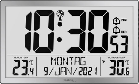 Technoline ws 8113 - wandklok - digitaal - rechthoek - radiogestuurde tijdsaanduiding en handmatig - 12 24 - datumaanduiding - 7 talen - binnen- en buitentemperatuur - 2 alarms - snooze - kunststof - cijfers - zilverkleurig