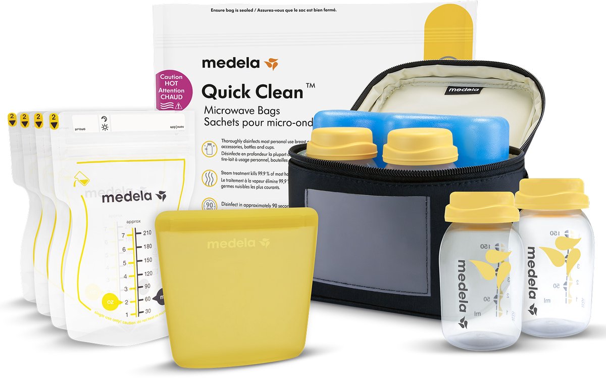 Medela alles-in-één moedermelkbewaarset met 150 ml flesjes, moedermelkbewaarzakjes met schenktuit herbruikbare bewaarzakjes, quick clean™ magnetronsterilisatiezakje en koeltas met gevormd koelelement.
