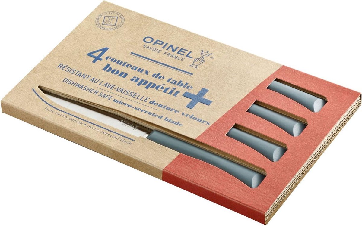 Opinel n°125 bon appétit+ grey tafelmessenset - 4-delig - grijs - microkarteling - rvs - steakmes