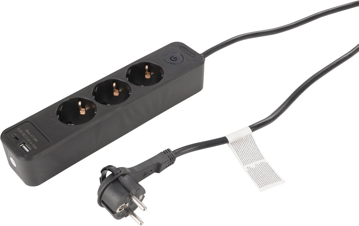 Q-link stekkerdoos - 3-voudig - randaarde - met platte stekker - usb a c - 3 x 1.5 mmâ² - 1.5 m - zwart