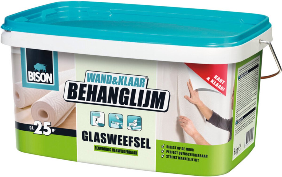 Bison wand klaar® behanglijm glasweefsel emmer 5 kg, kant en klaar, eenvoudig aanbrengen, corrigeerbaar, goede hechting, voor alle soorten behang met een weefselrug