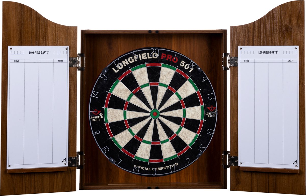 Engelhart houten cabinet met dartbord – inclusief 6 steeltip pijlen, whiteboard marker – beschermt muur en dartbord – wedstrijdbord – bruin hout fineer – longfield