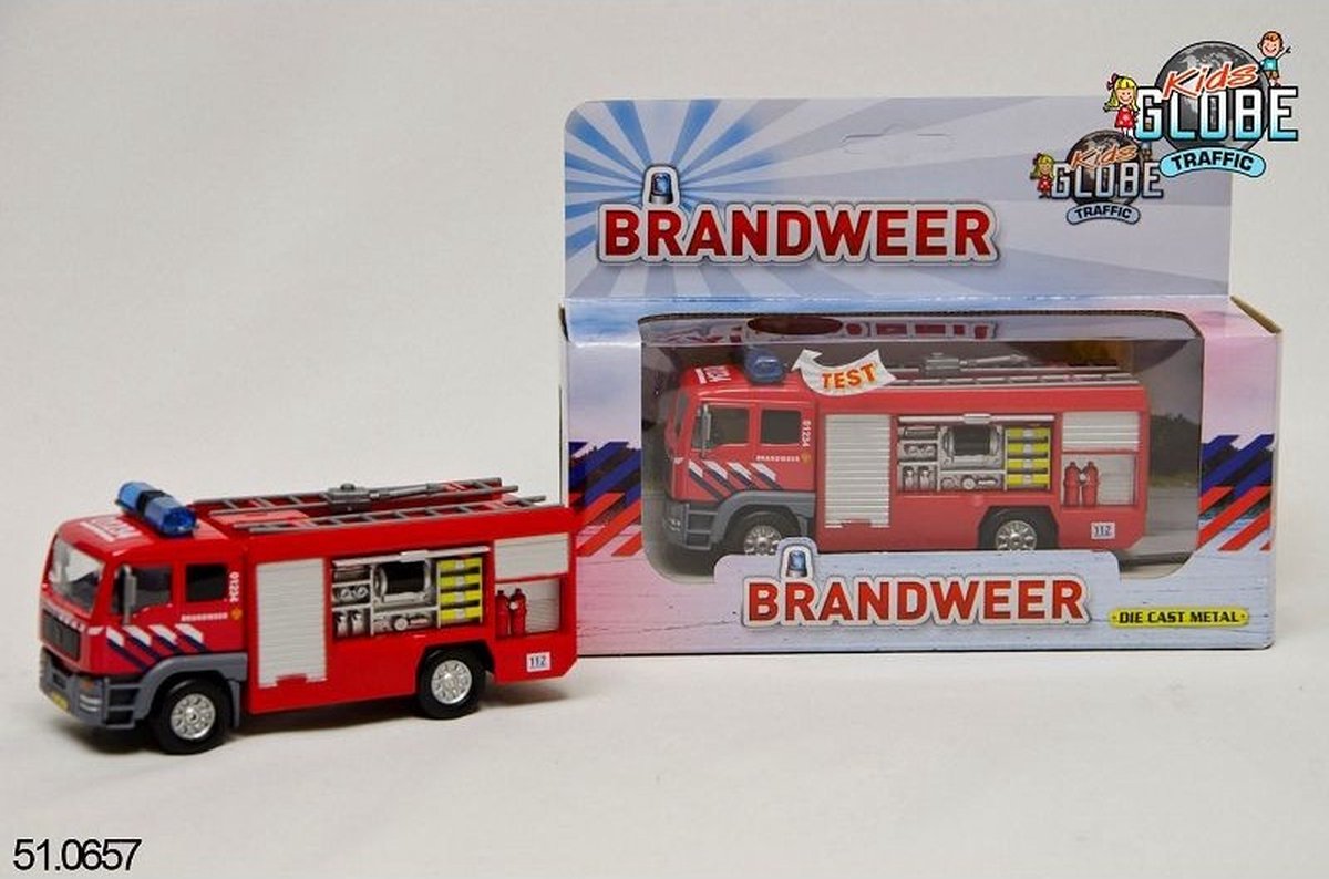 Die cast kids globe metalen brandweerauto met licht en geluid - speelgoedvoertuig: 13 cm