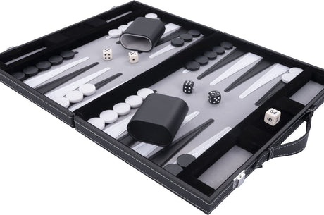 Longfield backgammon 11 inch - grijs, zwart wit gestikt bord - kunstlederen koffer met handvat - engelhart