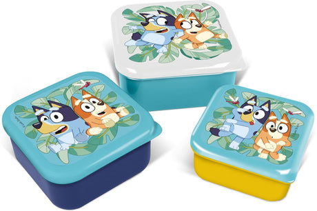 Stor bluey 3-in-1 snackdoosjes - 3 formaten - vierkant - sluit goed af - lunchboxen voor kinderen - los deksel - geschikt voor koekjes, fruit en snacks - donkerblauw turquoise geel