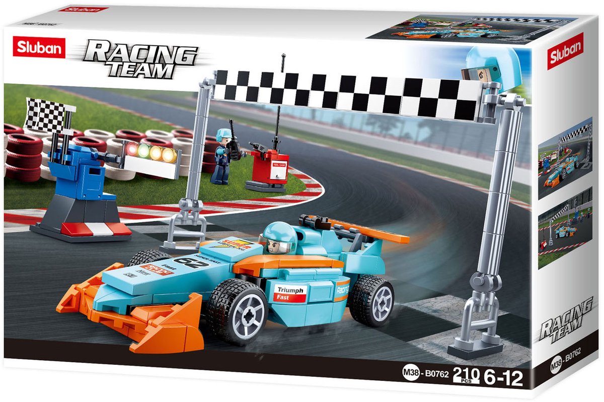 Sluban racing team klein circuit bouwspeelgoed kinderen vanaf 6 jaar – constructiespeelgoed bouwdoos met 210 bouwstenen – m38-b0762
