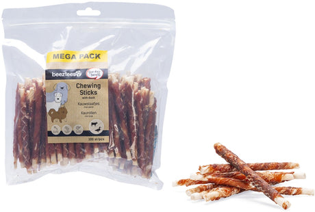 Beeztees kauwstaaf eend 100 stuks - 12,5 cm - mega pack - hondensnacks - kauwstaafjes hond - rund met eendsmaak