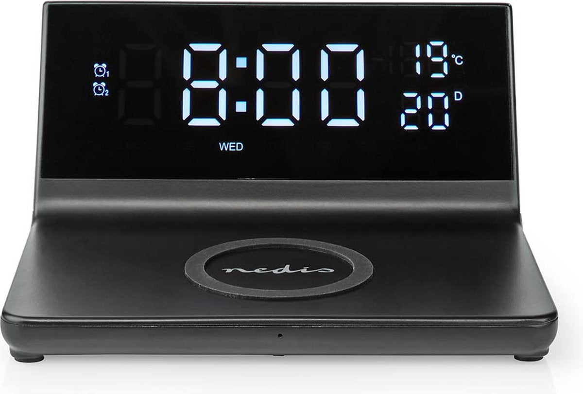 Nedis wekker met draadloze lader - qi gecertificeerd - 5 7.5 10 15 w - usb-a male - 2 alarmtijden - snoozefunctie