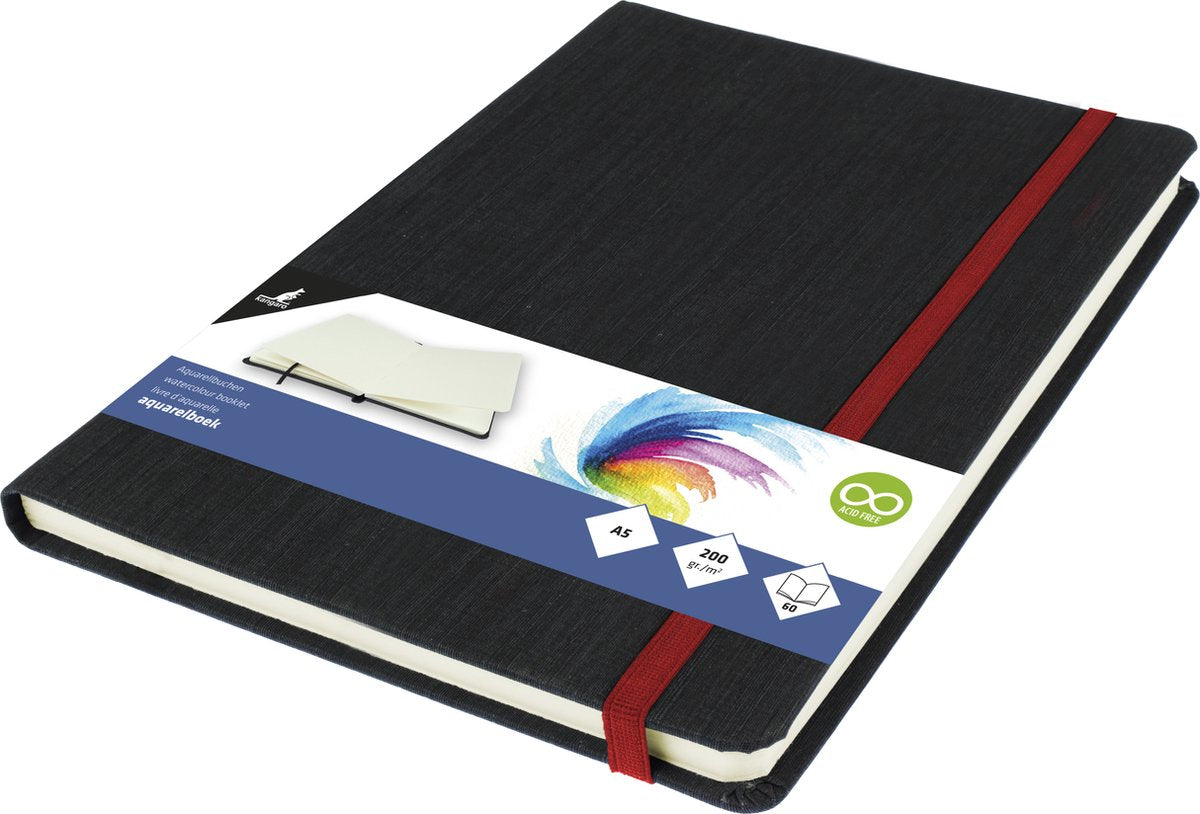 Kangaro aquarelboek - a5 - linnen cover - 30 vel - 200 grams aquarel papier - leeslint - afsluitelastiek - k-5375