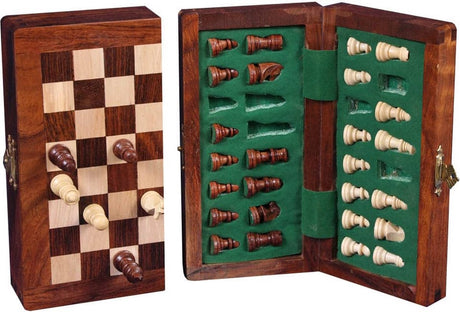 Engelhart magnetische opklapbare schaakset – houten schaakbord schaakstukken – acacia hout – compact 15 x 30 cm – reisbord voor tactisch spel –