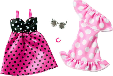Mattel barbie 2-pack kleding outfit en accessoires - 2 zomerse stippeljurken, zonnebril en armband