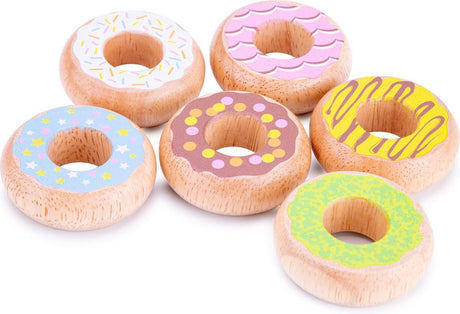 Woet ® houten speelgoed donut set - 6 kleurrijke donuts van beukenhout - speelgoedeten voor kinderen - rollenspel keukenspeelgoed - vanaf 2 jaar
