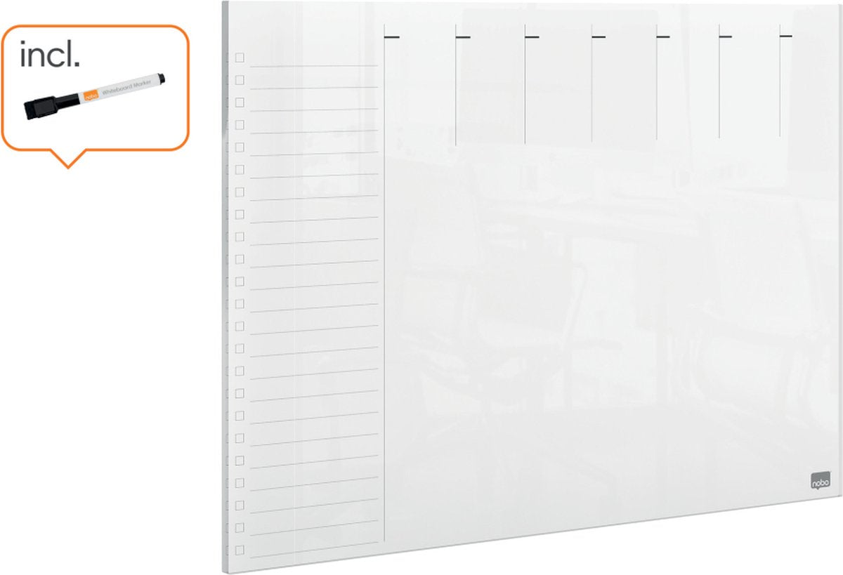 Nobo draagbaar, droog uitwisbaar mini a4 whiteboard weekplanner voor op bureau aan de muur - 210 x 297mm - inclusief marker en montage pads - transparant acryl