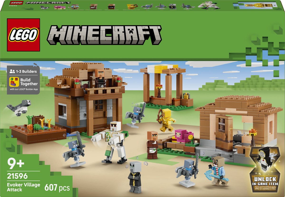 Lego minecraft oproeper dorpsaanval speelgoed voor kinderen met 11 figuren uit de videogame 21596