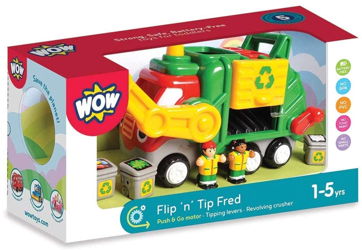 Wow toys flip 'n' trip fred - batterijloze vuilniswagen - push go vuilniswagen met 2 afvalverzamelaars 3 containers - bpa-vrij vaatwasserbestendig - vanaf 1 tot 5 jaar