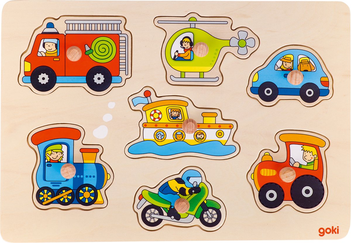 Goki steekpuzzel - verkeersmiddelen - 7 delen - 30x21x2,4cm - hout - 1+