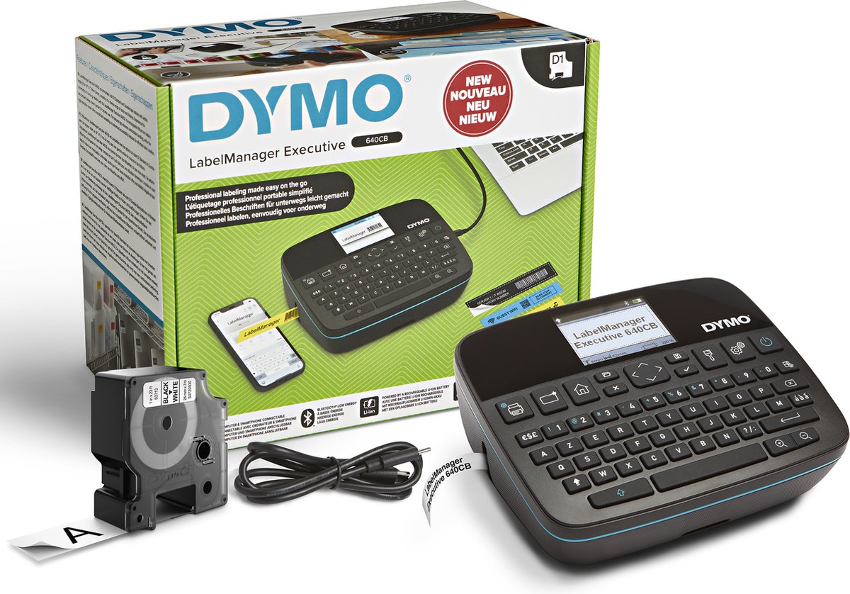 Dymo labelmanager executive 640 cb draagbare labelprinter | compacte labelmakermachine met azerty-toetsenbord | bluetooth- en usb-connectiviteit | compatibel met d1 standaard en duurzame labels