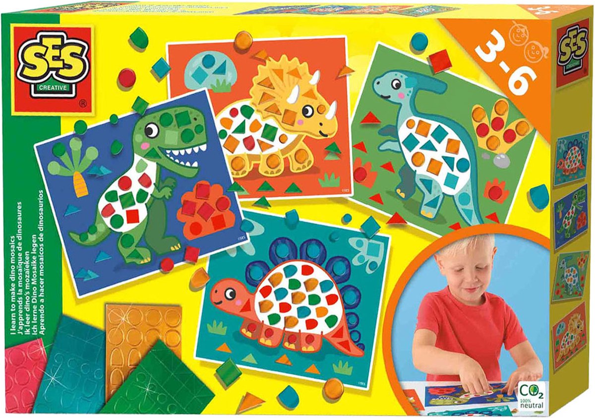 Ses creative – ik leer dino’s mozaïeken – 4 grote dino kaarten – metallic mozaïekstickers – montessori knutselset – vanaf 3 jaar
