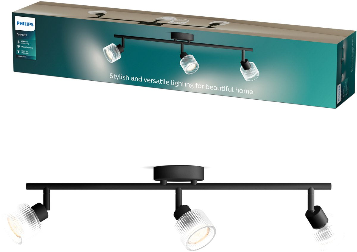 Philips horen opbouwspot - led gu10 fitting - richtbaar - 3 lichtpunten - clickfix - zwart met geribbeld glas