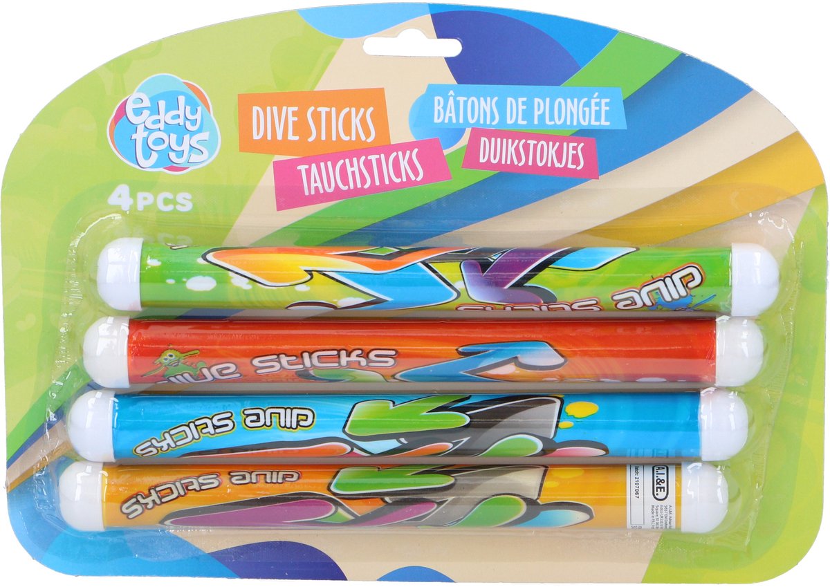 Eddy toys duikstaven - 4x stuks - gekleurd - kunststof - duikspeelgoed - duikstaafjes - duikstokjes - zinkt op bodem - zinkt naar de bodem