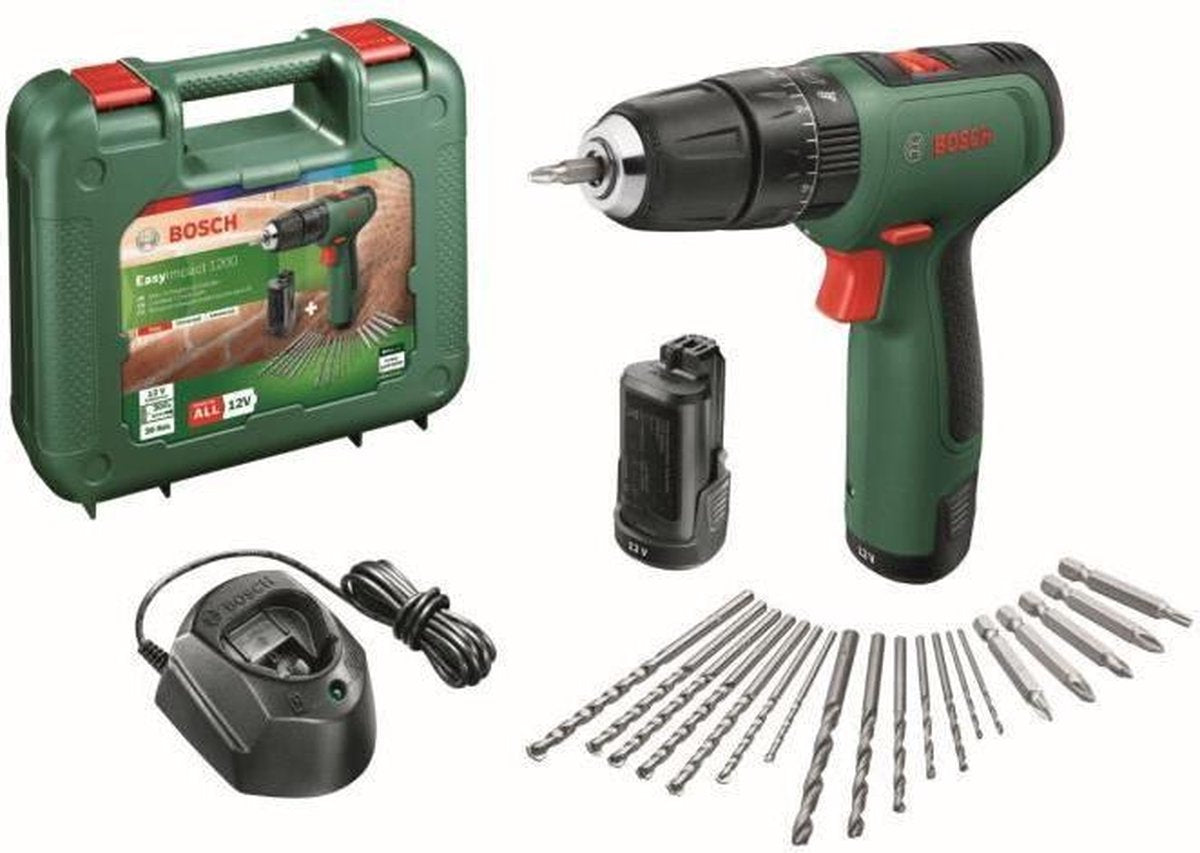 Bosch gereedschap - 12v accu-boormachine met hamer en toebehoren, 2 x 1,5 ah li-ion accu's, lader 06039d3105