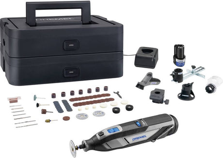 Dremel 8240 5 56 platinum editie - inclusief 2x 12v 2.0 ah accu - 65 accessoires - detailhandgreep - lijn-en cirkelgeleider - multifunctioneel freeshulpstuk - bewerkingsplatform -comfort guard hulpstuk - lader