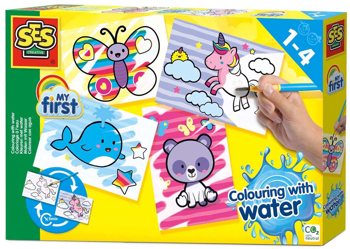Ses creative - my first - kleuren met water - fantasie dieren – verven - zonder geknoei - inclusief 4 kleurplaten en kwast - steeds opnieuw te gebruiken – 1 tot 4 jaar