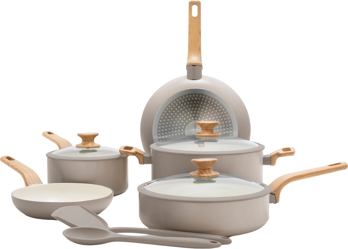 Greenpan essence pannenset 10-delig - 18 20 24 26cm - pfas-vrije antikleeflaag - pannenset inductie - keramische pan - ovenbestendig tot 160°c - houteffect handgrepen - koudgrepen - met glazen deksel - taupe