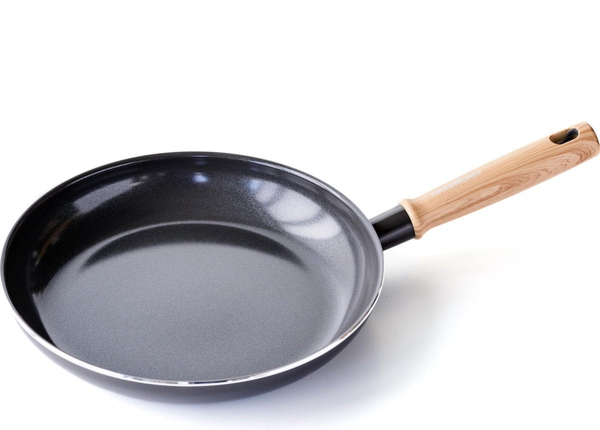 Greenchef vintage koekenpan 26cm - pfas-vrije antikleeflaag - wokpan inductie - keramische pan - ovenbestendig tot 160°c - houten handgreep - koelgreep - zwart