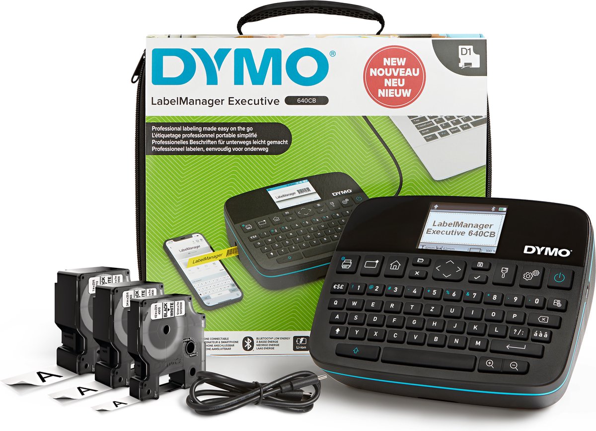 Dymo labelmanager executive 640 cb draagbare labelprinterkit met draagtas en 3 labelcassettes | compacte qwertz-labelmaker | bluetooth- usb-connectiviteit | compatibel met d1-labels