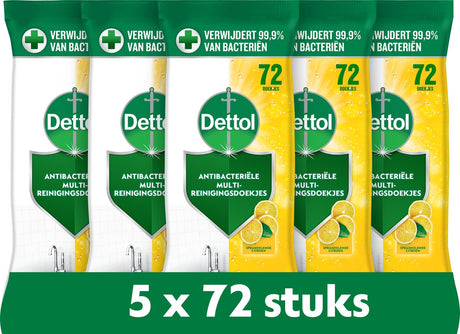 Dettol antibacteriële schoonmaakdoekjes - sprankelende citroen - 72 stuks - 5 stuks - voordeelverpakking