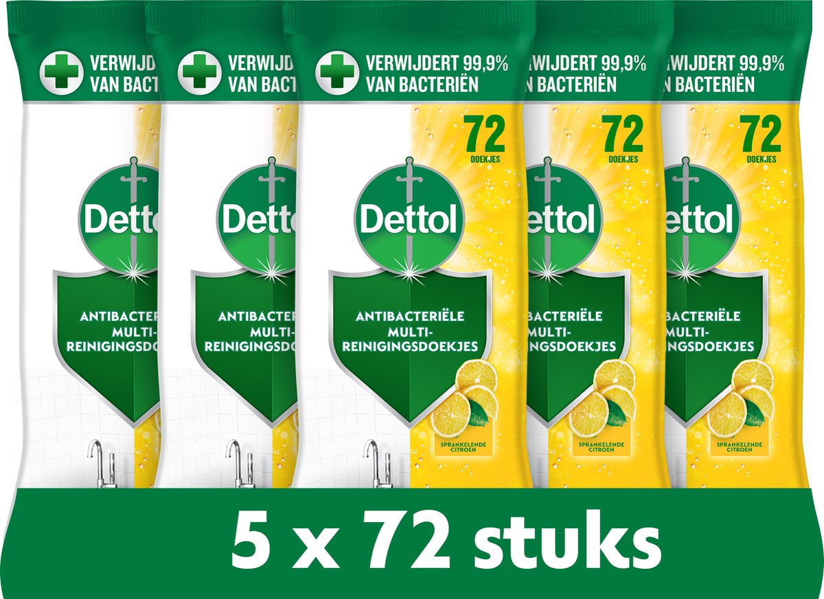 Dettol antibacteriële schoonmaakdoekjes - sprankelende citroen - 72 stuks - 5 stuks - voordeelverpakking