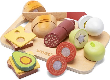 Woet ® houten snijset ontbijt - speelset met snijplank met brood, avocado, kaas, ei en fruit - educatief speelgoedeten - rollenspel keukenspeelgoed - vanaf 2 jaar