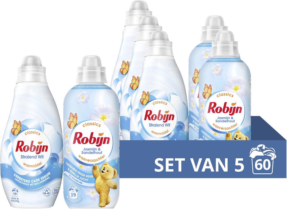 Robijn perfect match wasmiddel en wasverzachter pakket - stralend wit + jasmijn sandelhout - voor langdurige witbescherming - set van 5 (60 wasbeurten)