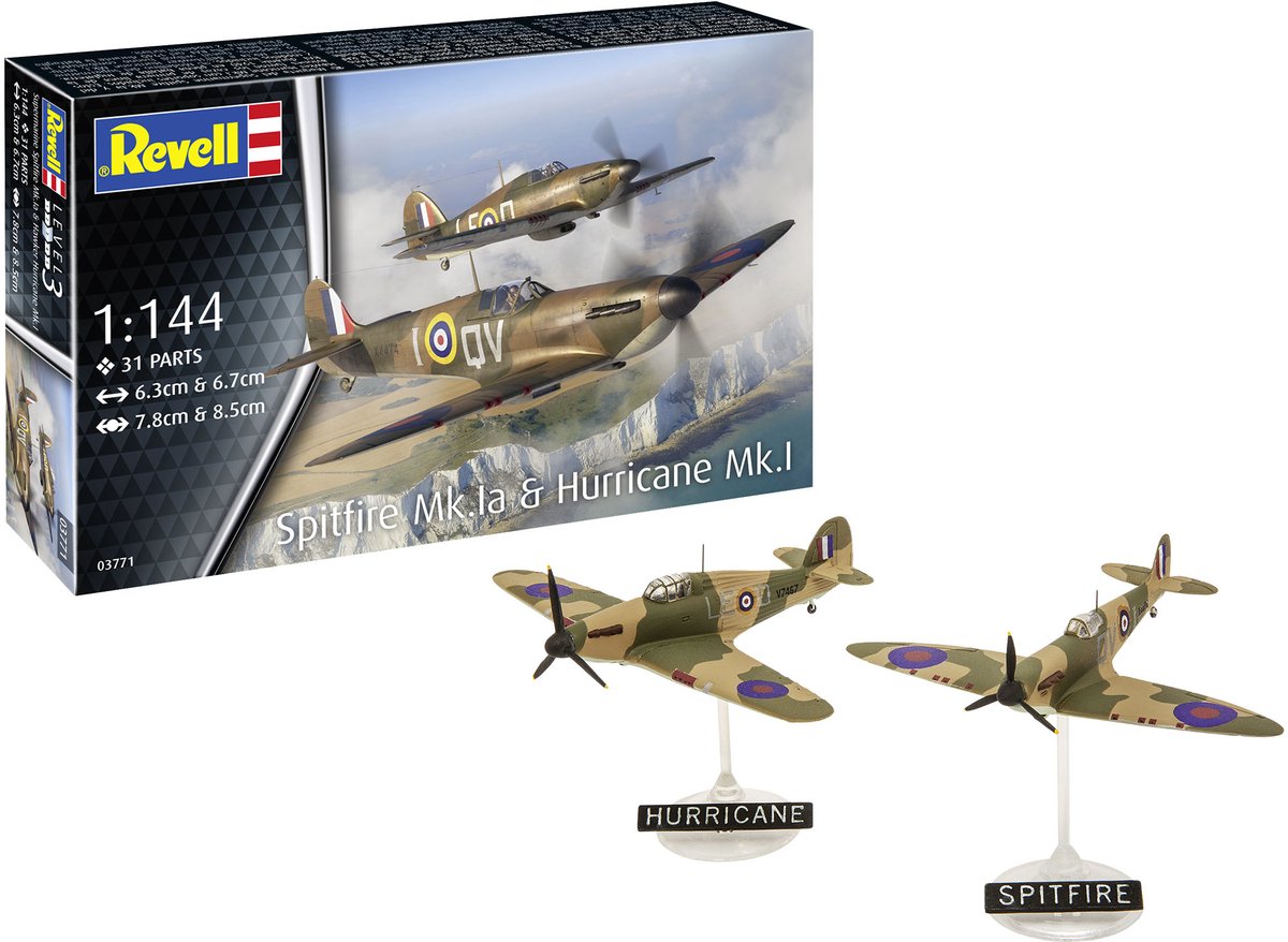 Revell modelbouwpakket vliegtuigen - 03771 spitfire mk.1a - hurricane mk.1 - propeller vliegtuigen plastic - 1:144 - modelbouw